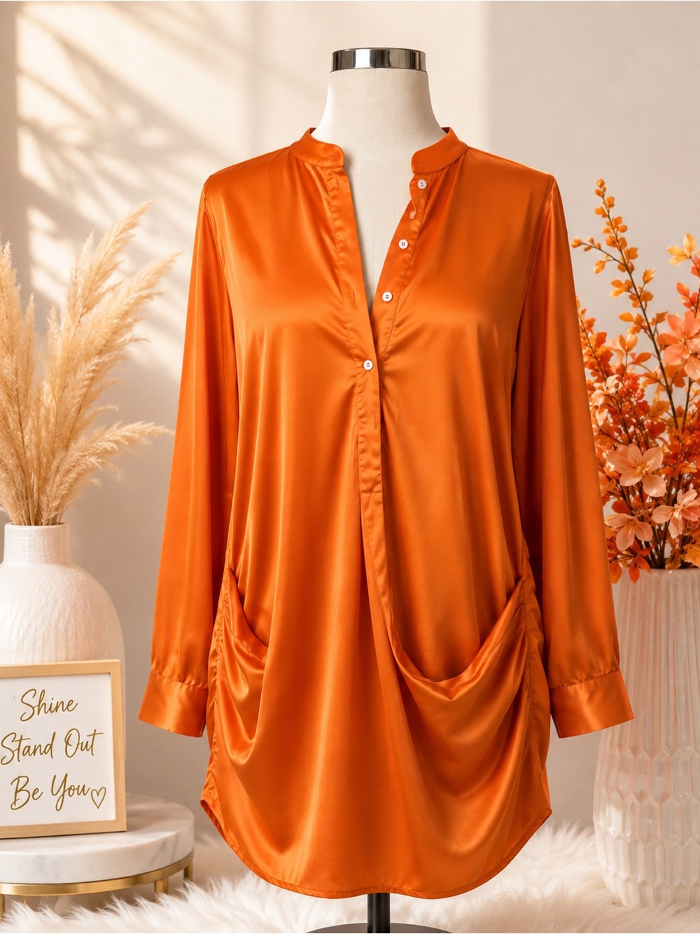 Orange Satin Long-Sleeve Pocket Tunic Top